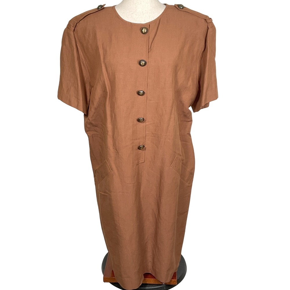 Evan-Picone‎ Dress Women 14 Brown Linen Blend Military Star Button Shift USA VTG